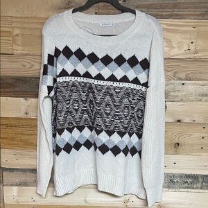 Staccato size Large Cream, Gray and Brown Argyle Crewneck Soft Stretchy Sweater